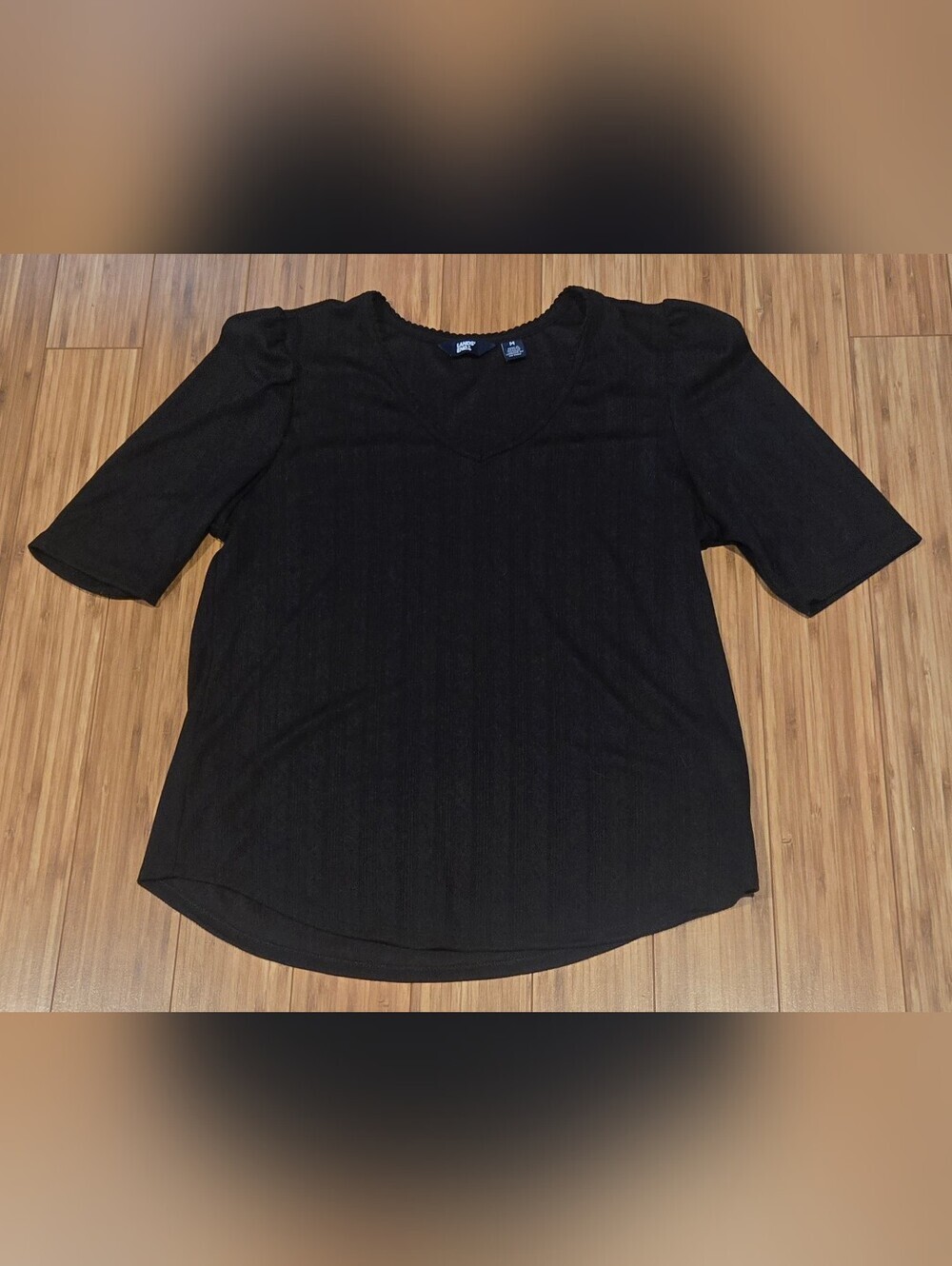 Lands' End Black V-Neck Elbow Sleeve Top with Subtle Puff Shoulders